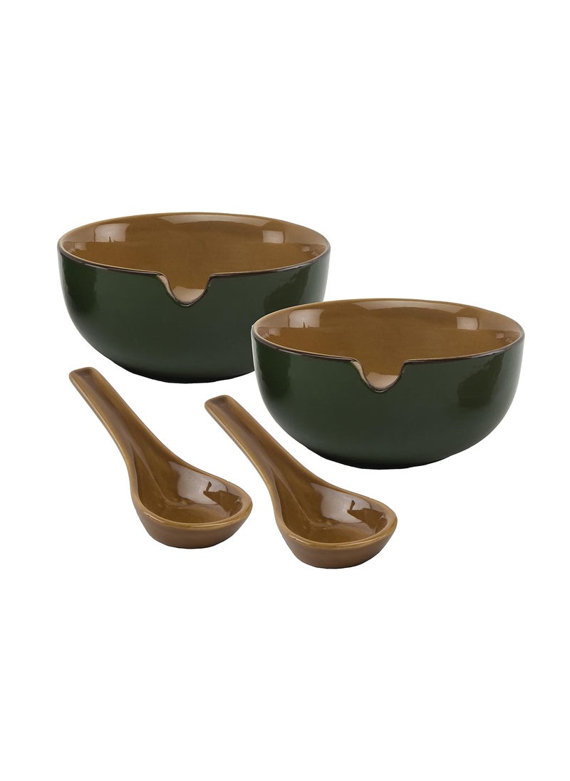 HS HINDUSTANI SAUDAGAR Ceramic Dual Glazed Handpainted Soup Bowls with Spoons Set of 2 240MlGreen