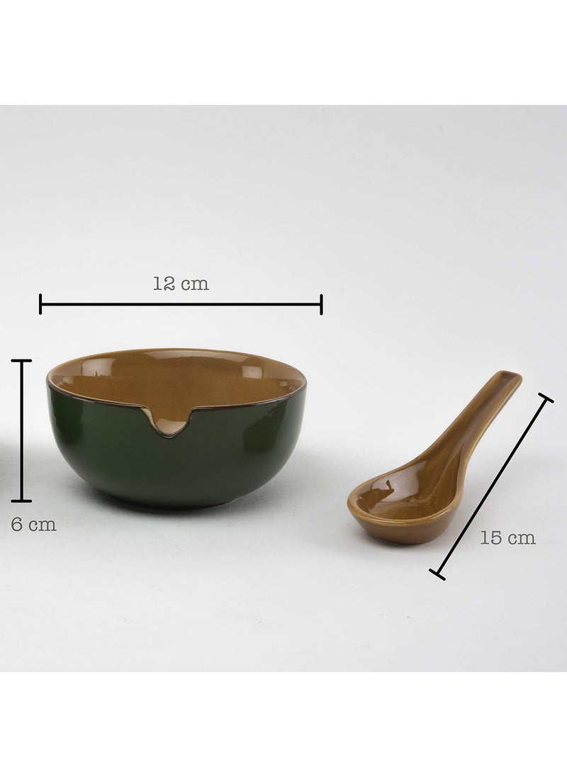 HS HINDUSTANI SAUDAGAR Ceramic Dual Glazed Handpainted Soup Bowls with Spoons Set of 2 240MlGreen