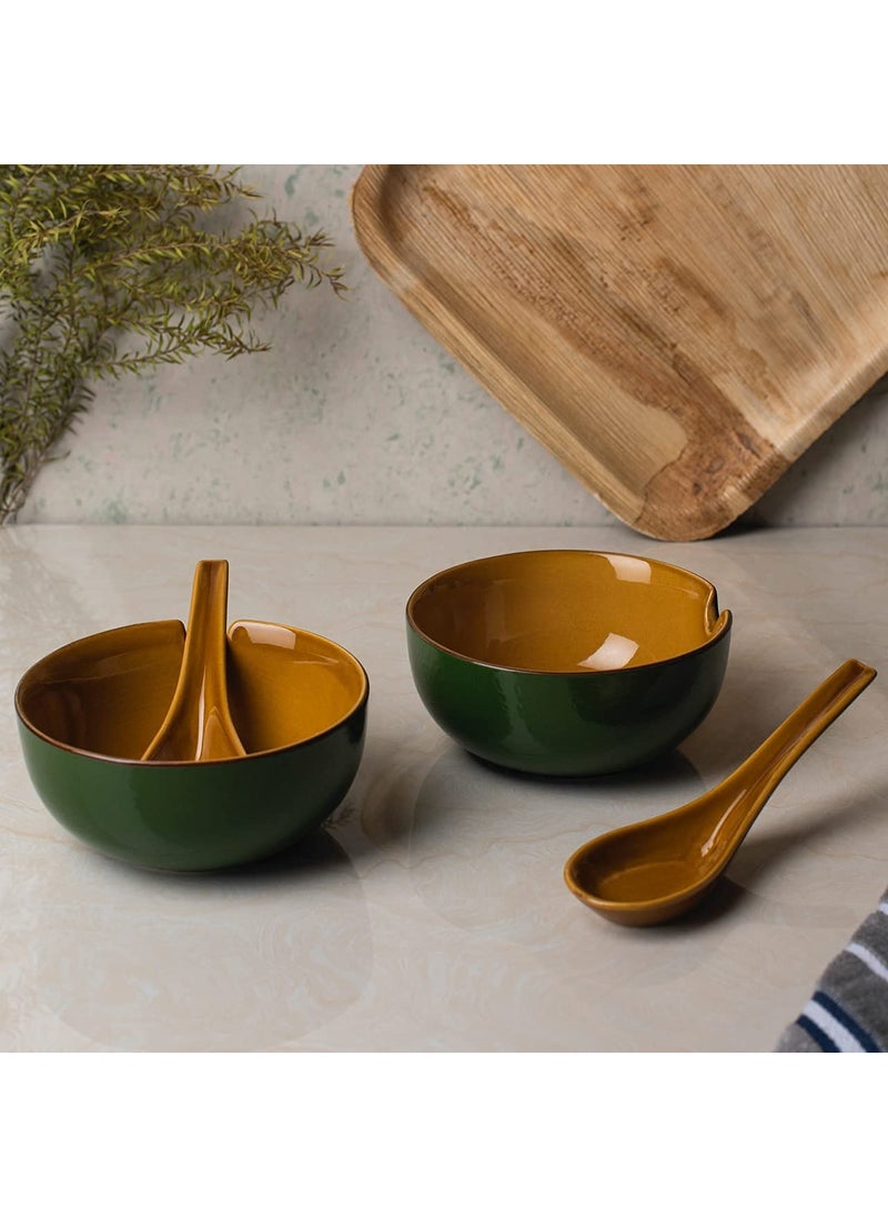 HS HINDUSTANI SAUDAGAR Ceramic Dual Glazed Handpainted Soup Bowls with Spoons Set of 2 240MlGreen