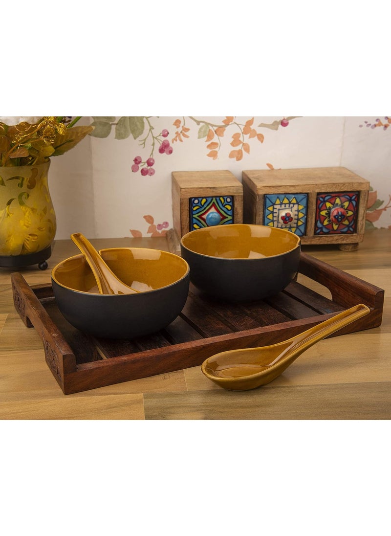 Hs Hindustani Saudagar Ceramic Dual Glazed Soup Bowls with Spoons 240Ml Set of 2 Matt Black