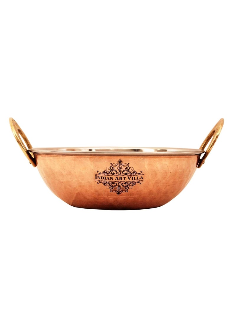 INDIAN ART VILLA Steel Copper Serving Handi Bowl with Karahi Kadai Wok Bowl Serving Dishes Home Hotel Restaurant Set of 2
