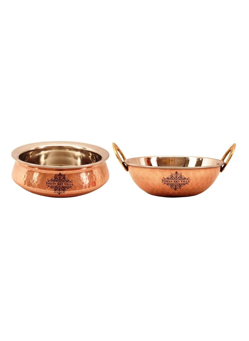 INDIAN ART VILLA Steel Copper Serving Handi Bowl with Karahi Kadai Wok Bowl Serving Dishes Home Hotel Restaurant Set of 2