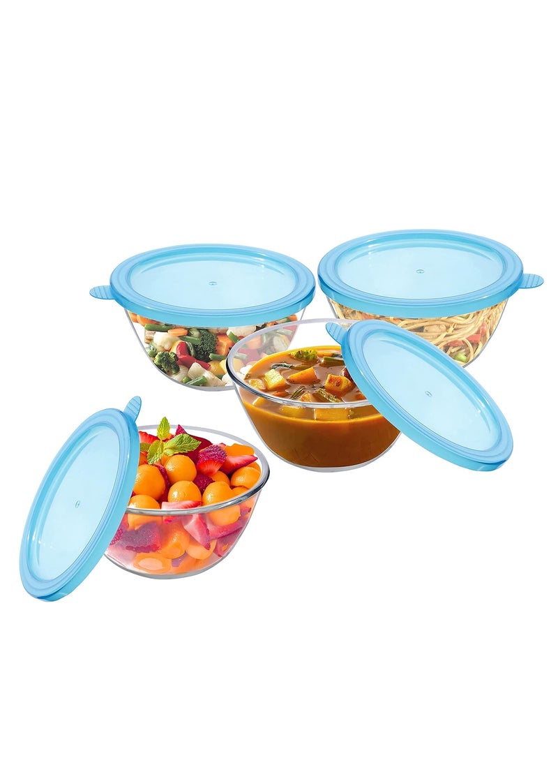 Cutting EDGE Borosilicate MixingServing Round Glass Bowl with Lid Blue Transparent 1100 ml Set of 4