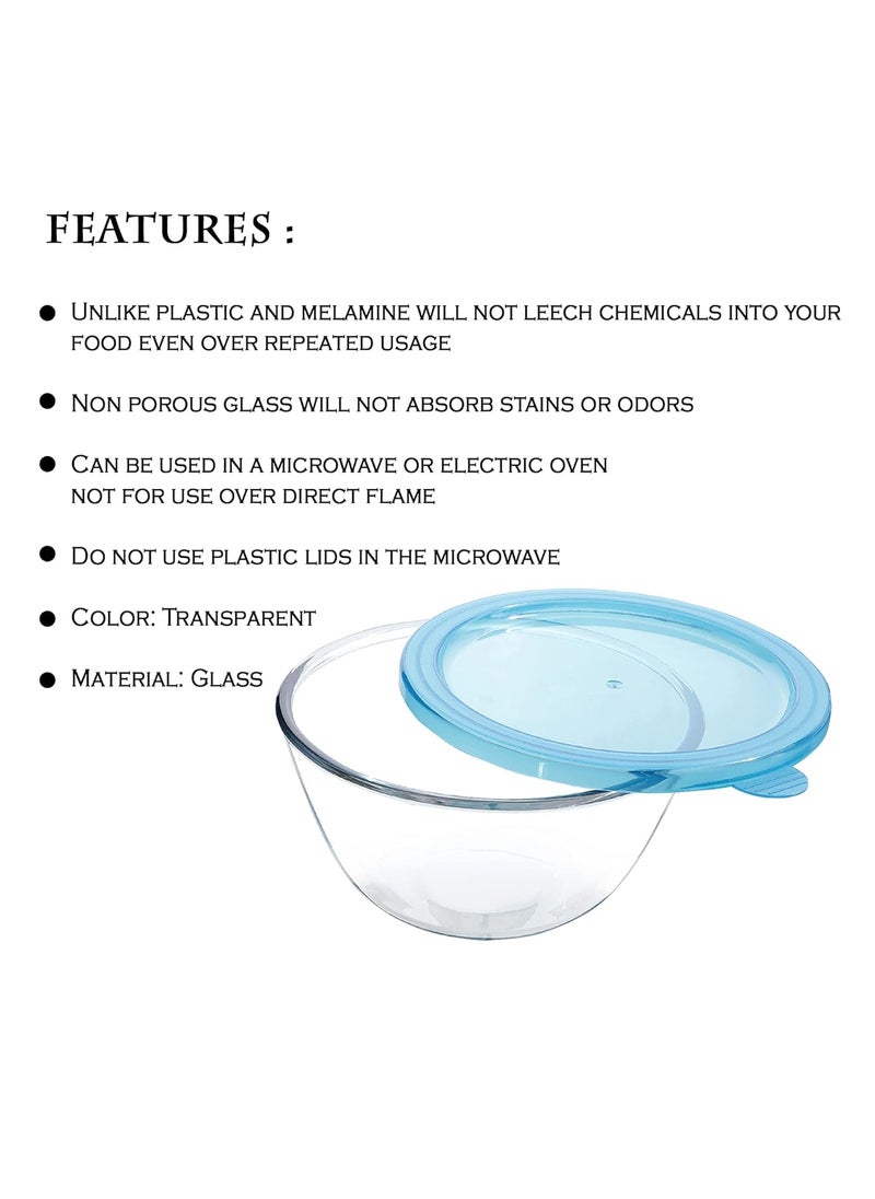 Cutting EDGE Borosilicate MixingServing Round Glass Bowl with Lid Blue Transparent 1100 ml Set of 4