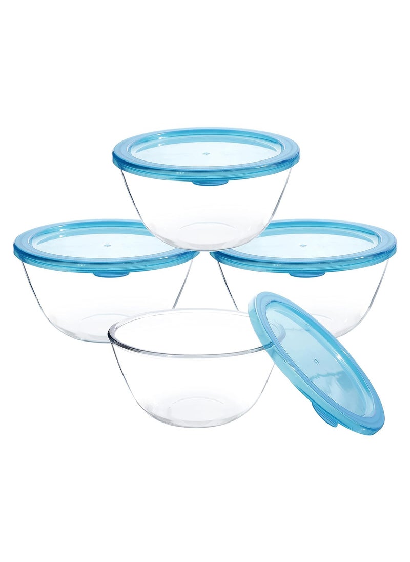 Cutting EDGE Borosilicate MixingServing Round Glass Bowl with Lid Blue Transparent 1100 ml Set of 4