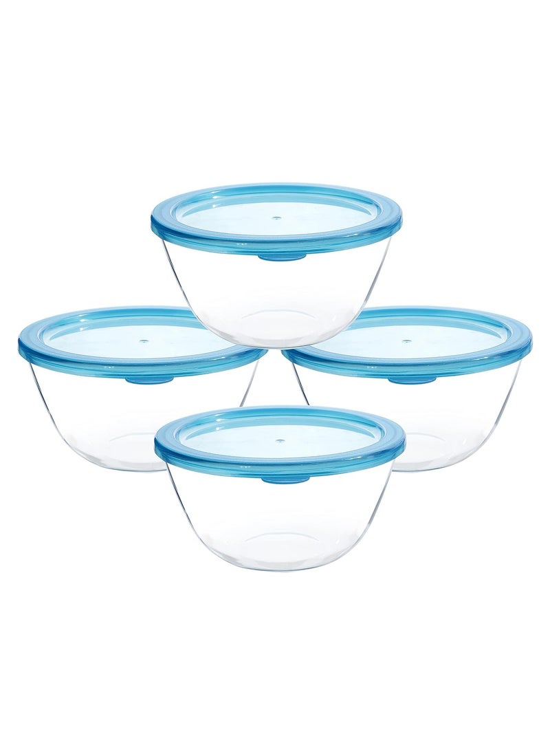 Cutting EDGE Borosilicate MixingServing Round Glass Bowl with Lid Blue Transparent 1100 ml Set of 4