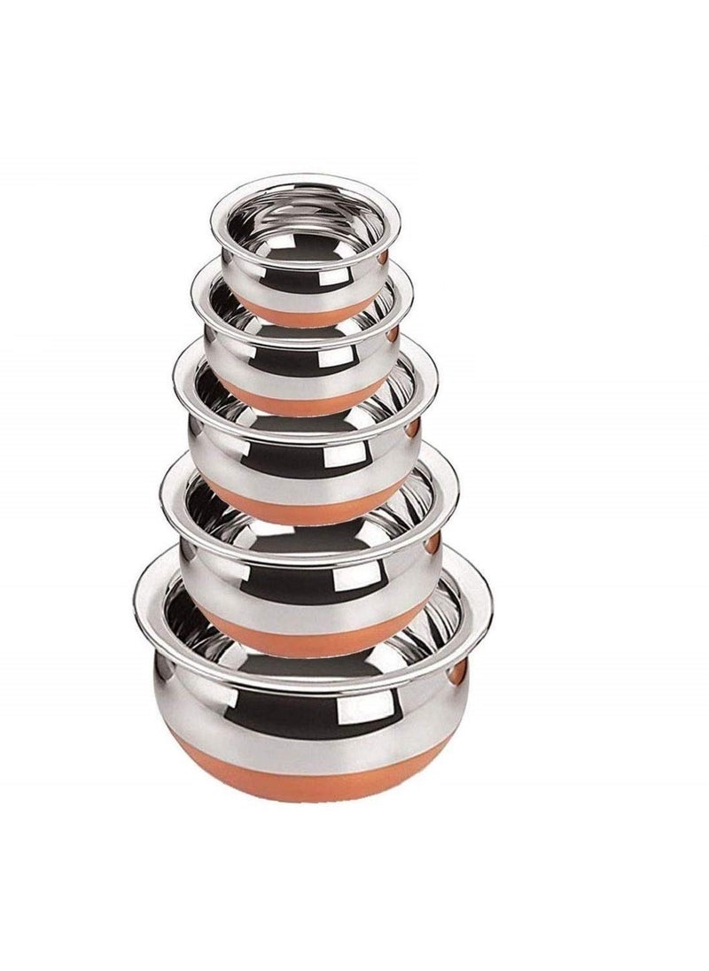 Jorex Mart Stainless Steel Copper Bottom Kitchen Serving Cooking Bowl Handi Combo Multicolor Set of 5 Piece