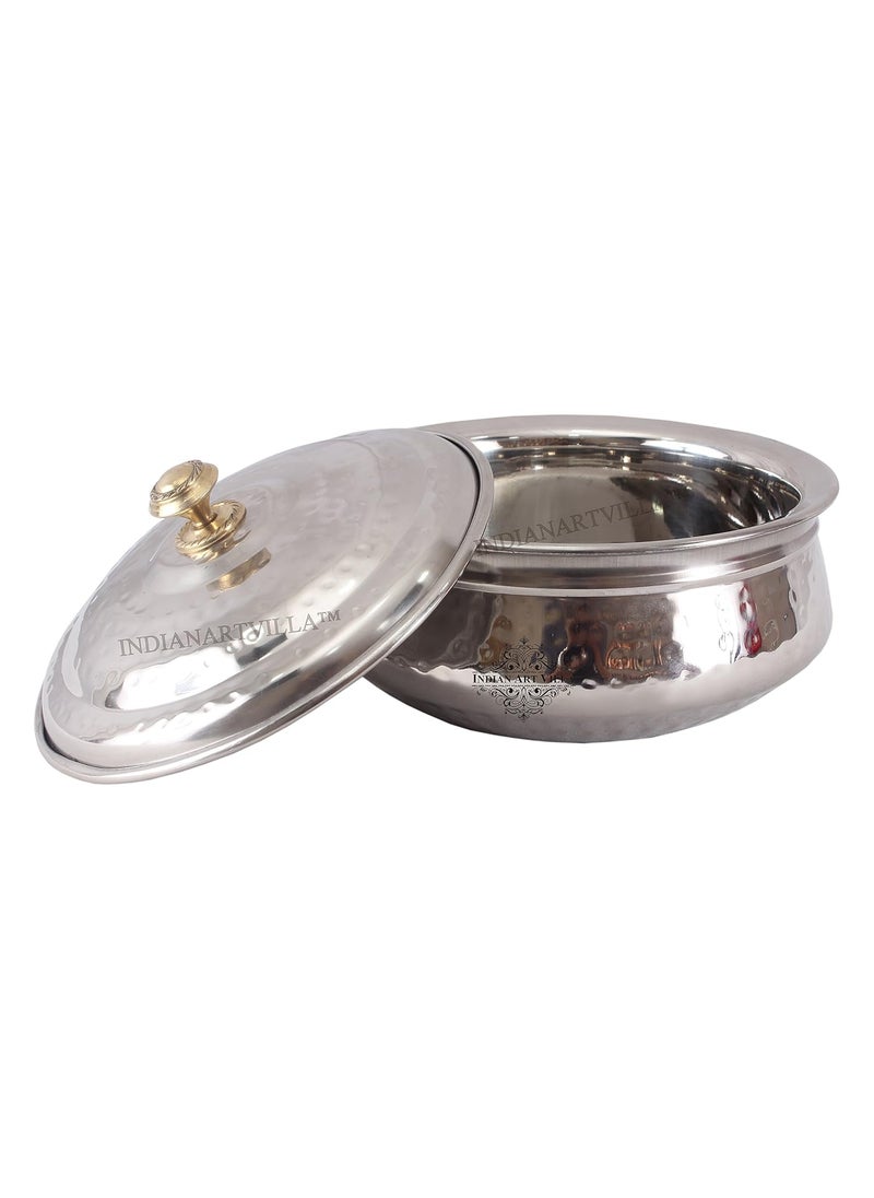 INDIAN ART VILLA Steel Handi Bowl with Lid for Serving BriyaniIndian Dishes for Home and Hotel 1000mlSilver IAVS3106