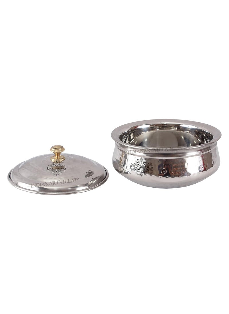 INDIAN ART VILLA Steel Handi Bowl with Lid for Serving BriyaniIndian Dishes for Home and Hotel 1000mlSilver IAVS3106