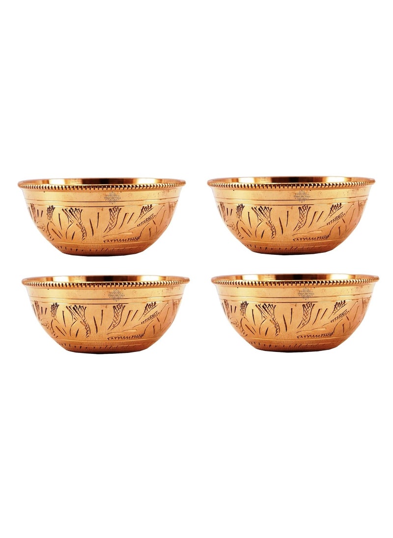 INDIAN ART VILLA Pure Brass Bowl 100 ML Embossed Design Serveware for Serving Curries Desserts Chutneys Snacks Home Kitchen Ayurveda Health Benefits Set of 4