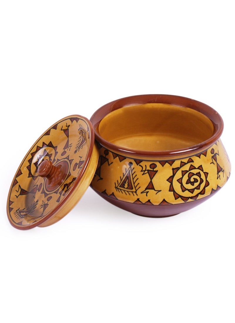 VarEesha Hand Painted Brown Warli Ceramic Handi Serving BowlStoneware Handi for Serving Biryani Dal Curries Rice Pot Dahi Handi Microwave and Dishwasher Safe Serving Bowl with Lid600 ML
