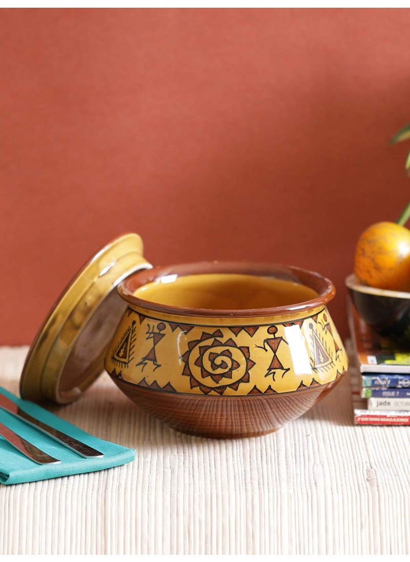 VarEesha Hand Painted Brown Warli Ceramic Handi Serving BowlStoneware Handi for Serving Biryani Dal Curries Rice Pot Dahi Handi Microwave and Dishwasher Safe Serving Bowl with Lid600 ML
