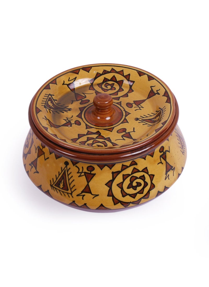 VarEesha Hand Painted Brown Warli Ceramic Handi Serving BowlStoneware Handi for Serving Biryani Dal Curries Rice Pot Dahi Handi Microwave and Dishwasher Safe Serving Bowl with Lid600 ML