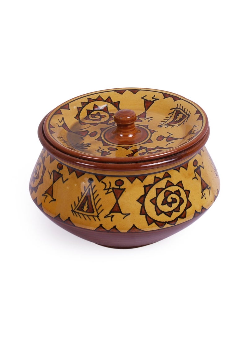 VarEesha Hand Painted Brown Warli Ceramic Handi Serving BowlStoneware Handi for Serving Biryani Dal Curries Rice Pot Dahi Handi Microwave and Dishwasher Safe Serving Bowl with Lid600 ML