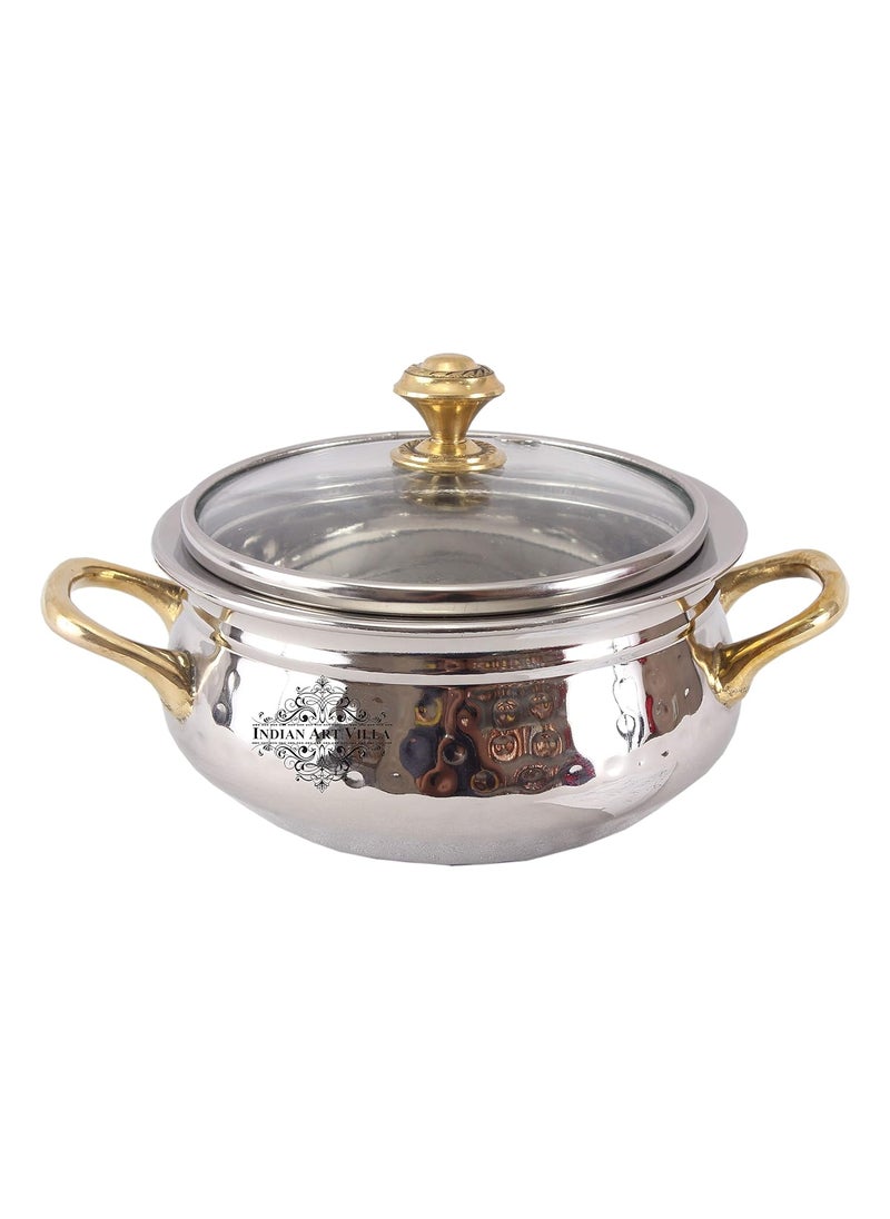 INDIAN ART VILLA IndianArtVilla Double Layer Steel Serving Handi Bowl with Handle Glass Lid Serveware Tableware Diameter 13 cm Pack of 2 Silver