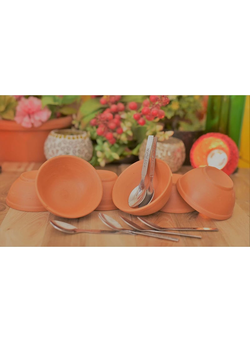 Shriyam Clay Sweet Bowels KatoriServing BowlEarthenware Bowl for Serving Curd Vegetables Set of 6 with Spoon 6 Pack of 6