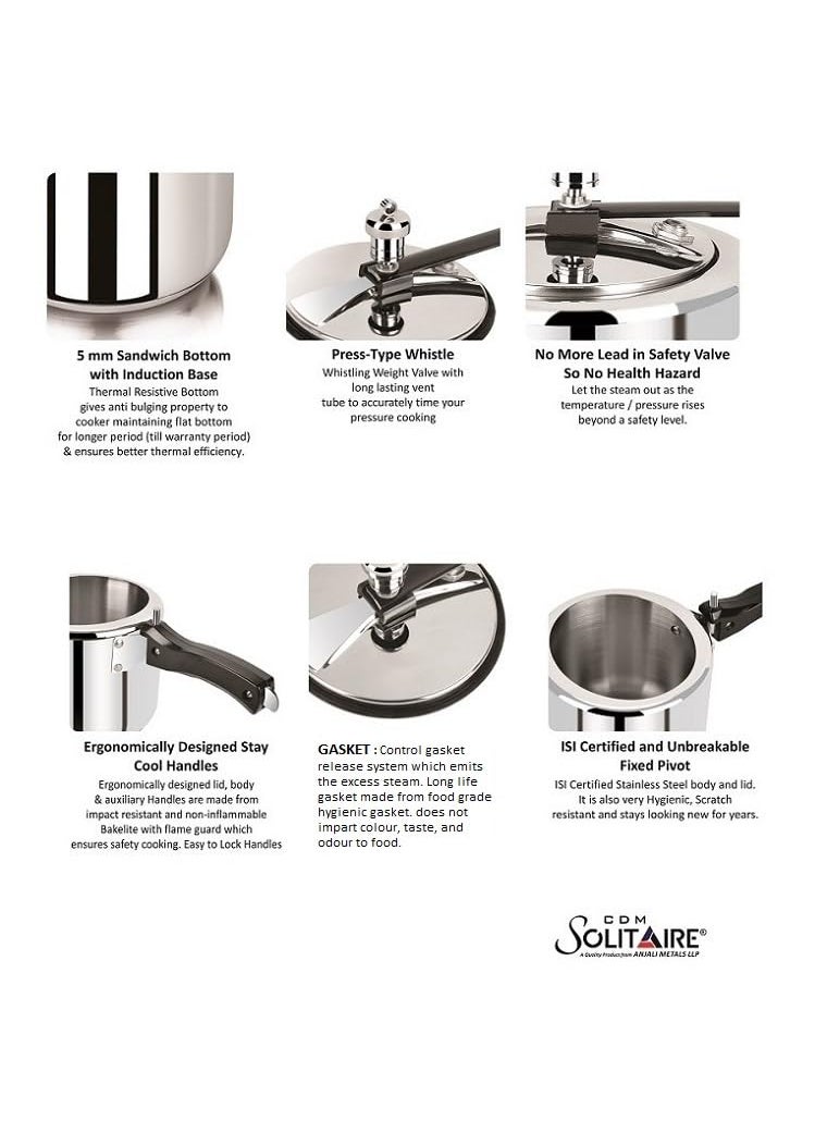 Glamour Premium 2 Liter Sandwich Bottom Stainless Steel Inner Lid 2 Liter Pressure Cooker Induction and Gas Base ISI Certified 3 Years Warranty