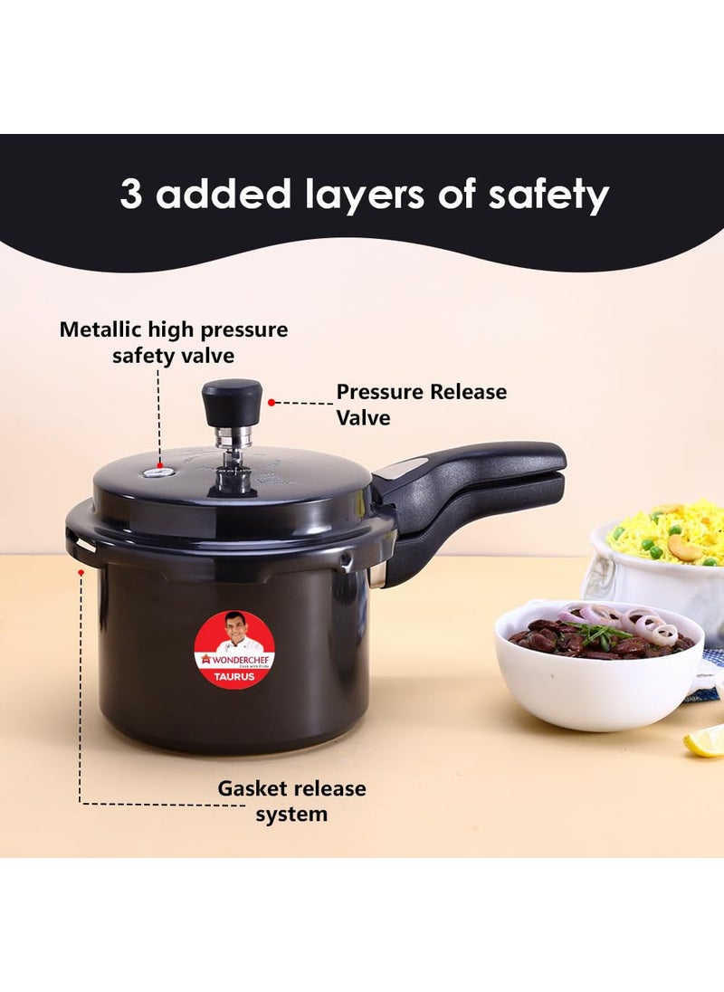Wonderchef Taurus Hard Anodized Outer Lid Pressure cooker 3 liter Cool Touch Handles for Durability Induction Friendly Black 5 year warranty ISI Certified