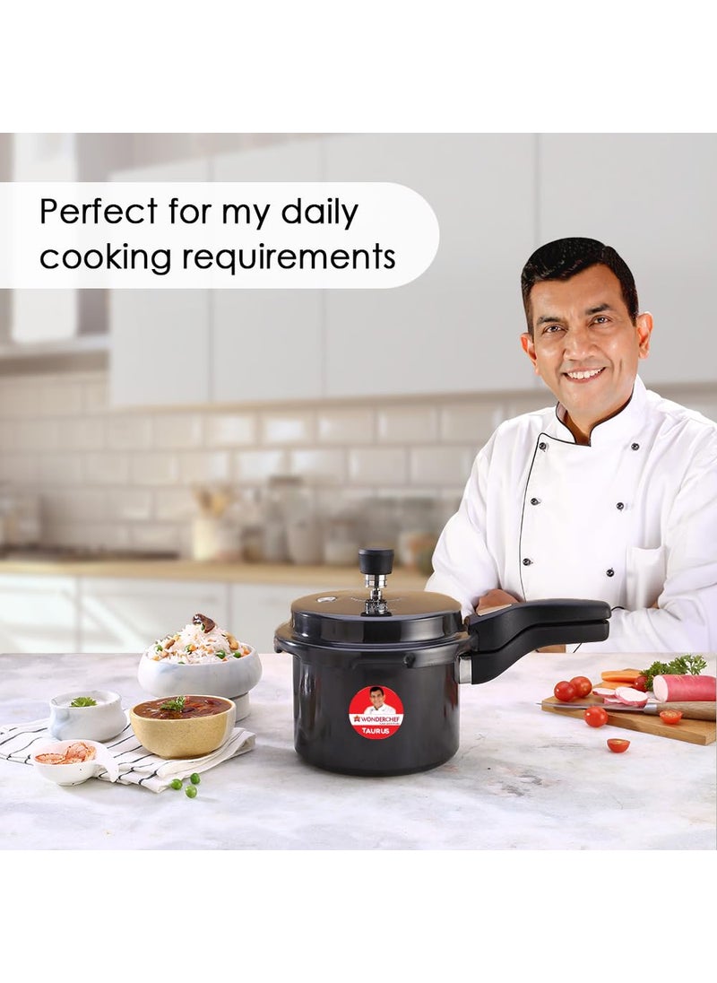 Wonderchef Taurus Hard Anodized Outer Lid Pressure cooker 3 liter Cool Touch Handles for Durability Induction Friendly Black 5 year warranty ISI Certified