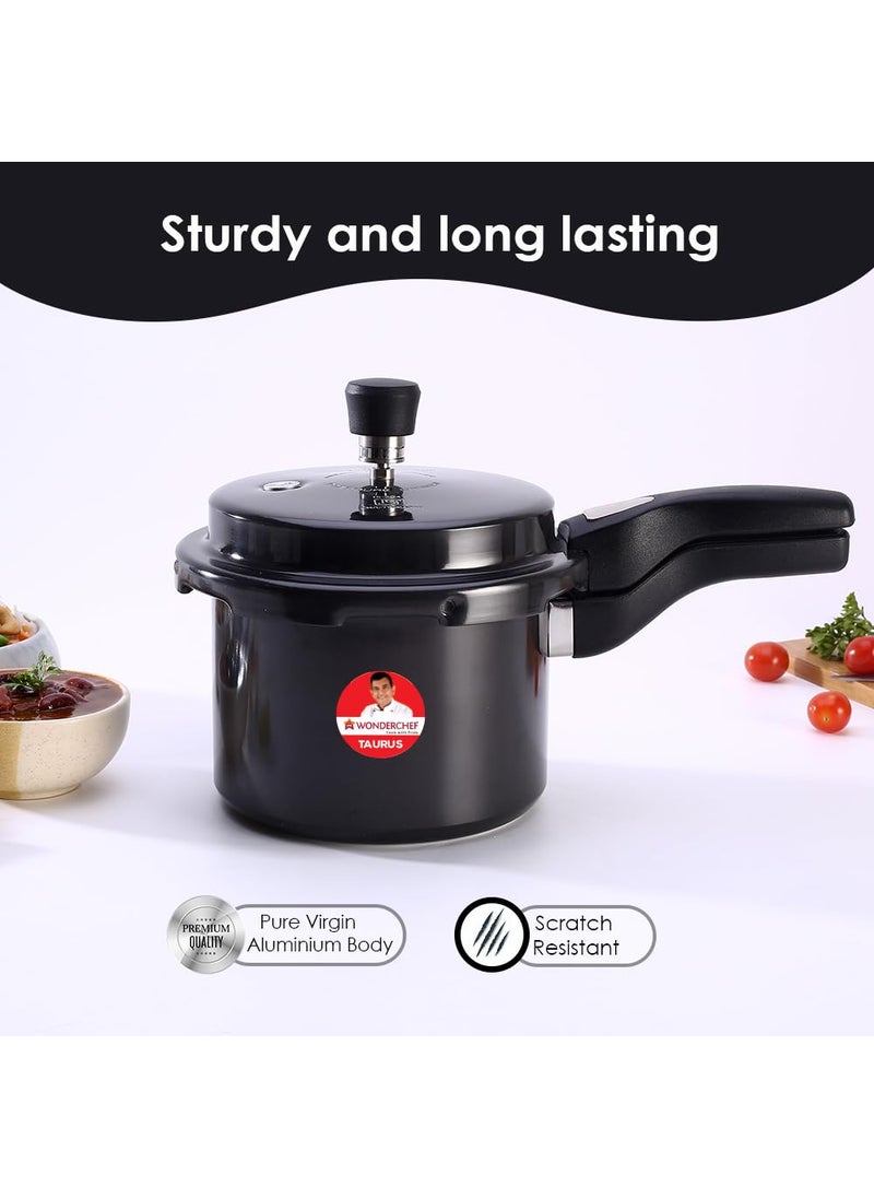 Wonderchef Taurus Hard Anodized Outer Lid Pressure cooker 3 liter Cool Touch Handles for Durability Induction Friendly Black 5 year warranty ISI Certified