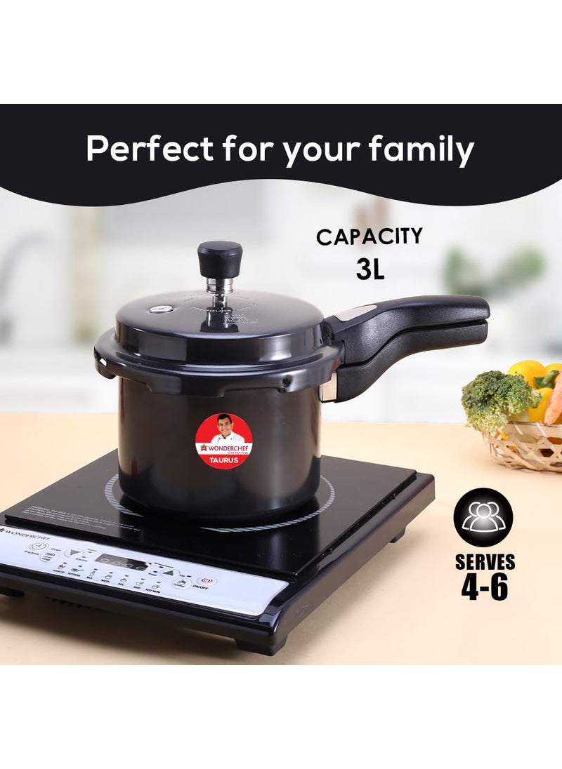 Wonderchef Taurus Hard Anodized Outer Lid Pressure cooker 3 liter Cool Touch Handles for Durability Induction Friendly Black 5 year warranty ISI Certified
