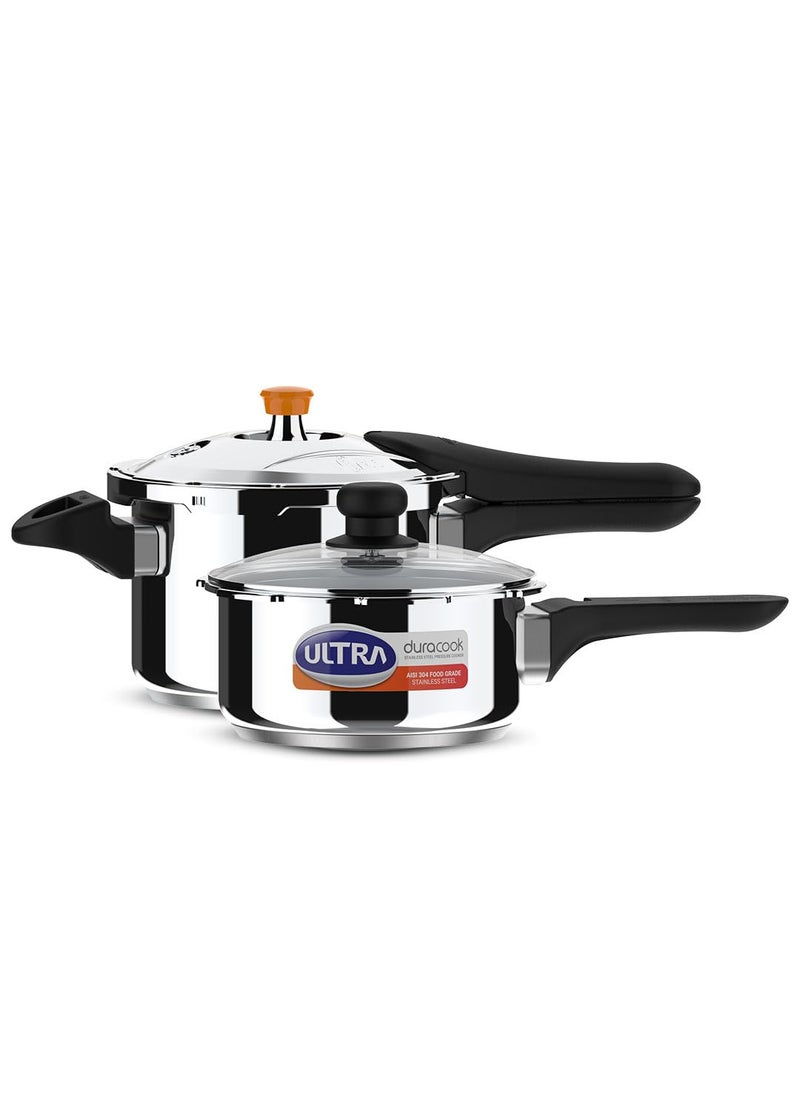 Ultra Duracook Mini Celebrations pack of 2L 3L Pressure cookerGiftingSS304 FoodGradeInterchangeable LidsFrothcollectorInduction3 Layer Composite Basesolid Bakelite handlesISI10Y Warranty