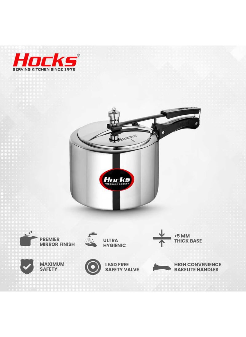Hocks Classic Aluminium Pressure Cooker Inner Lid Design NonInduction Base Capacity 2 litres Gas Stovetop Compatible Colour Silver