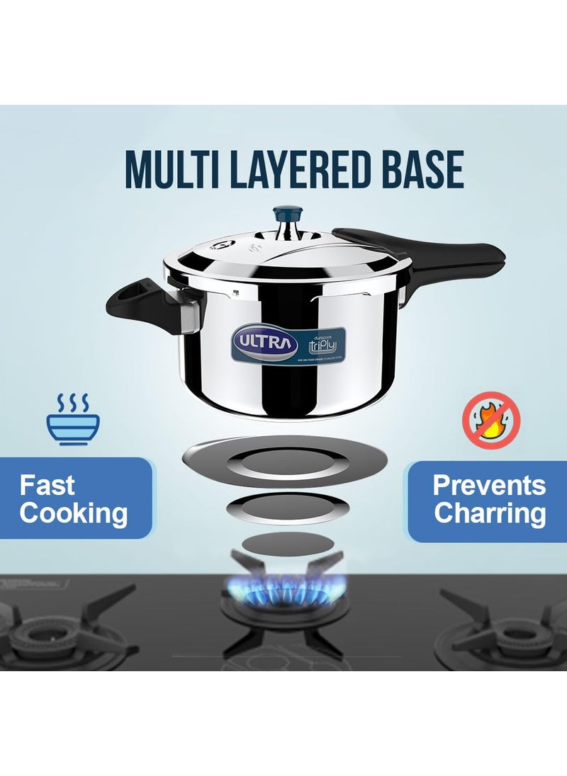 Ultra Duracook Triply Pressure Cooker 55 Litre AISI 304 Food Grade Stainless Steel Cooker 5 Years Warranty Injection Moulded Handles Induction Compatible Broad Base NonStick Finish