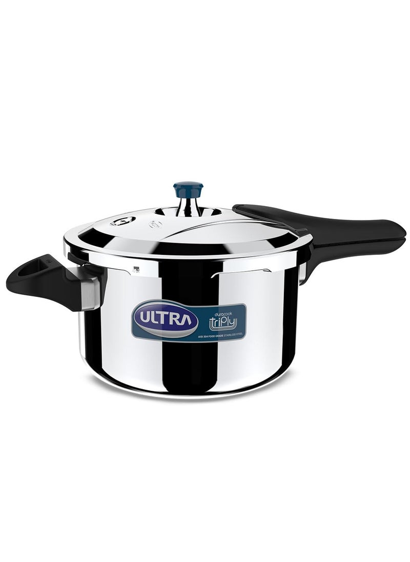 Ultra Duracook Triply Pressure Cooker 55 Litre AISI 304 Food Grade Stainless Steel Cooker 5 Years Warranty Injection Moulded Handles Induction Compatible Broad Base NonStick Finish