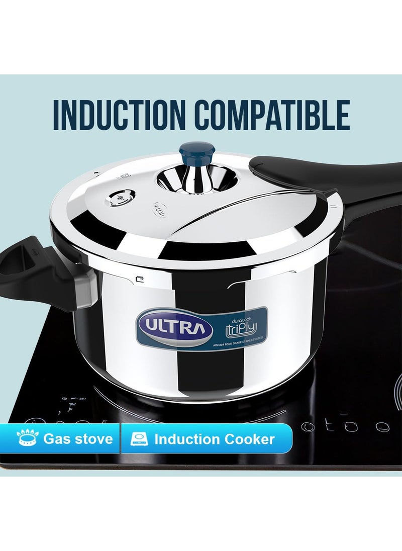Ultra Duracook Triply Pressure Cooker 55 Litre AISI 304 Food Grade Stainless Steel Cooker 5 Years Warranty Injection Moulded Handles Induction Compatible Broad Base NonStick Finish