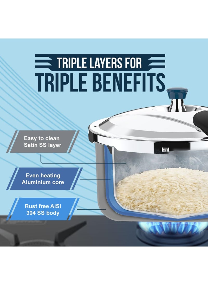 Ultra Dura cook Triply 35 L pressure cookerSS 304 Food GradeSCTSAnti BulgingFroth collectorBroad Base quick cooking savesgasSolid backelite handles3 layered body InductionISI5 Y warranty