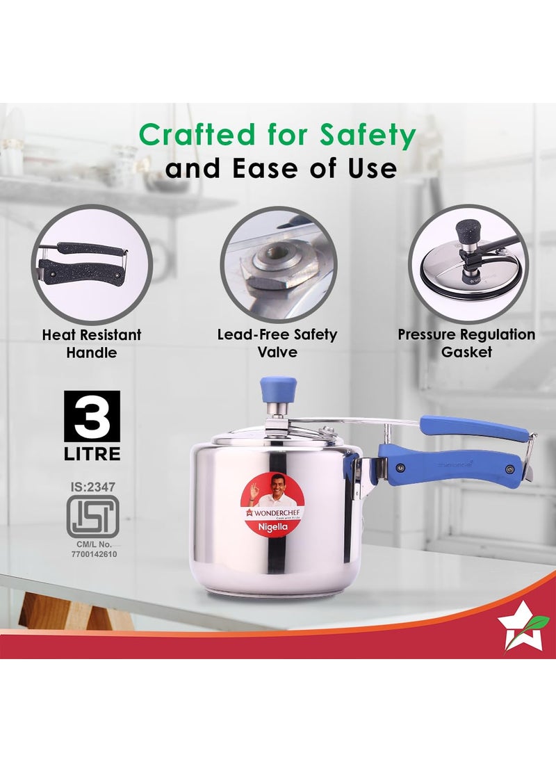 Wonderchef Nigella Stainless Steel Inner Lid Pressure Cooker 3 litres 6mm Thick Bottom Soft Touch Handles Induction Friendly Silver