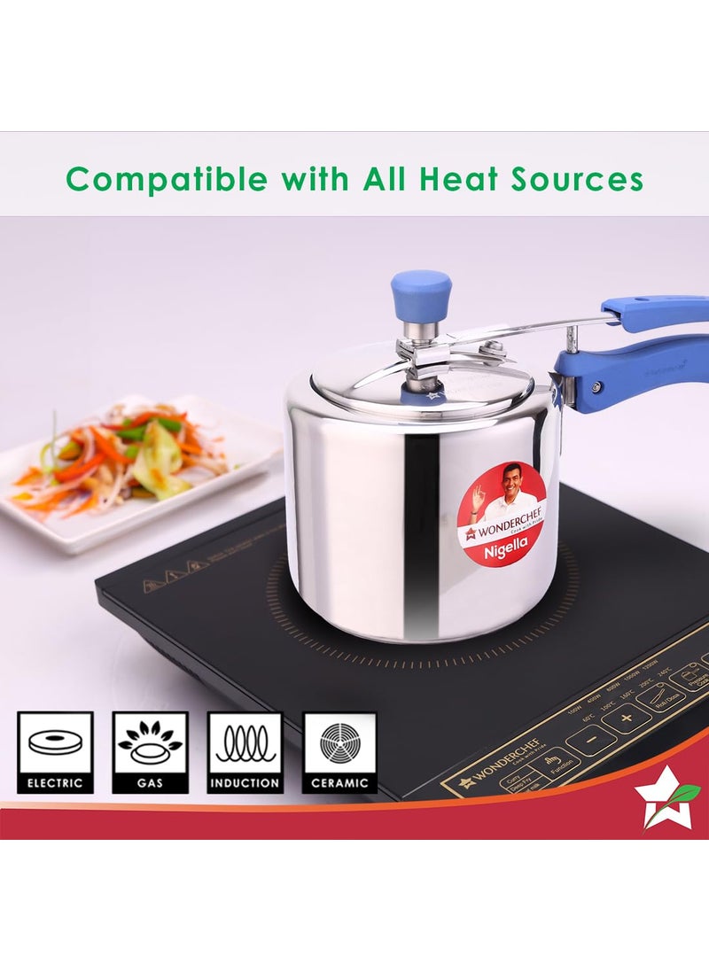 Wonderchef Nigella Stainless Steel Inner Lid Pressure Cooker 3 litres 6mm Thick Bottom Soft Touch Handles Induction Friendly Silver