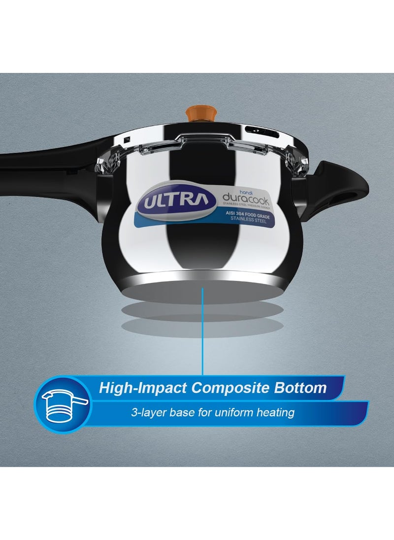 ULTRA Duracook Handi 3 L Stainless Steel Pressure CookerAISI 304 Food Grade SS Froth Collectorspillage ControlInduction CompatibleImp Bonded Composite BaseISI10Y Warranty
