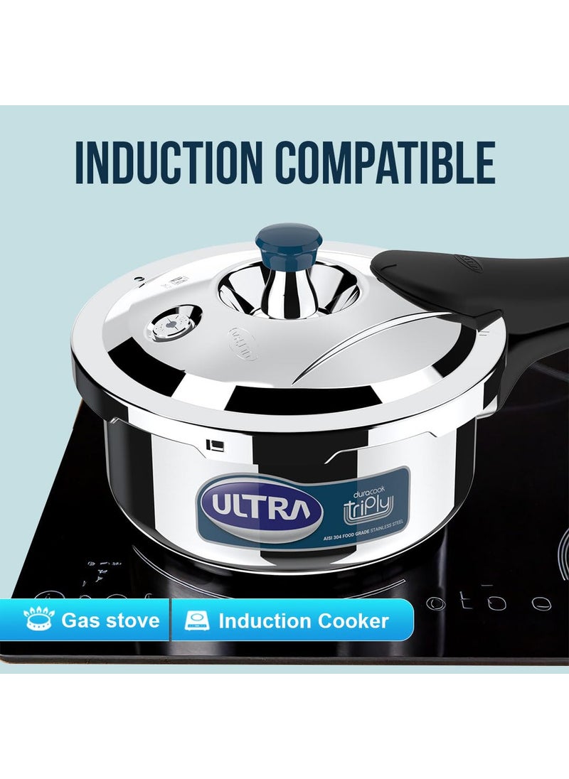 Ultra Duracook Triply Pressure Cooker 2 Litre AISI 304 Food Grade Stainless Steel Cooker 5 Years Warranty Injection Moulded Handles Induction Compatible 12 MM Lid Thickness SCTS Base