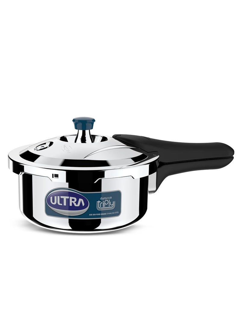 Ultra Duracook Triply Pressure Cooker 2 Litre AISI 304 Food Grade Stainless Steel Cooker 5 Years Warranty Injection Moulded Handles Induction Compatible 12 MM Lid Thickness SCTS Base