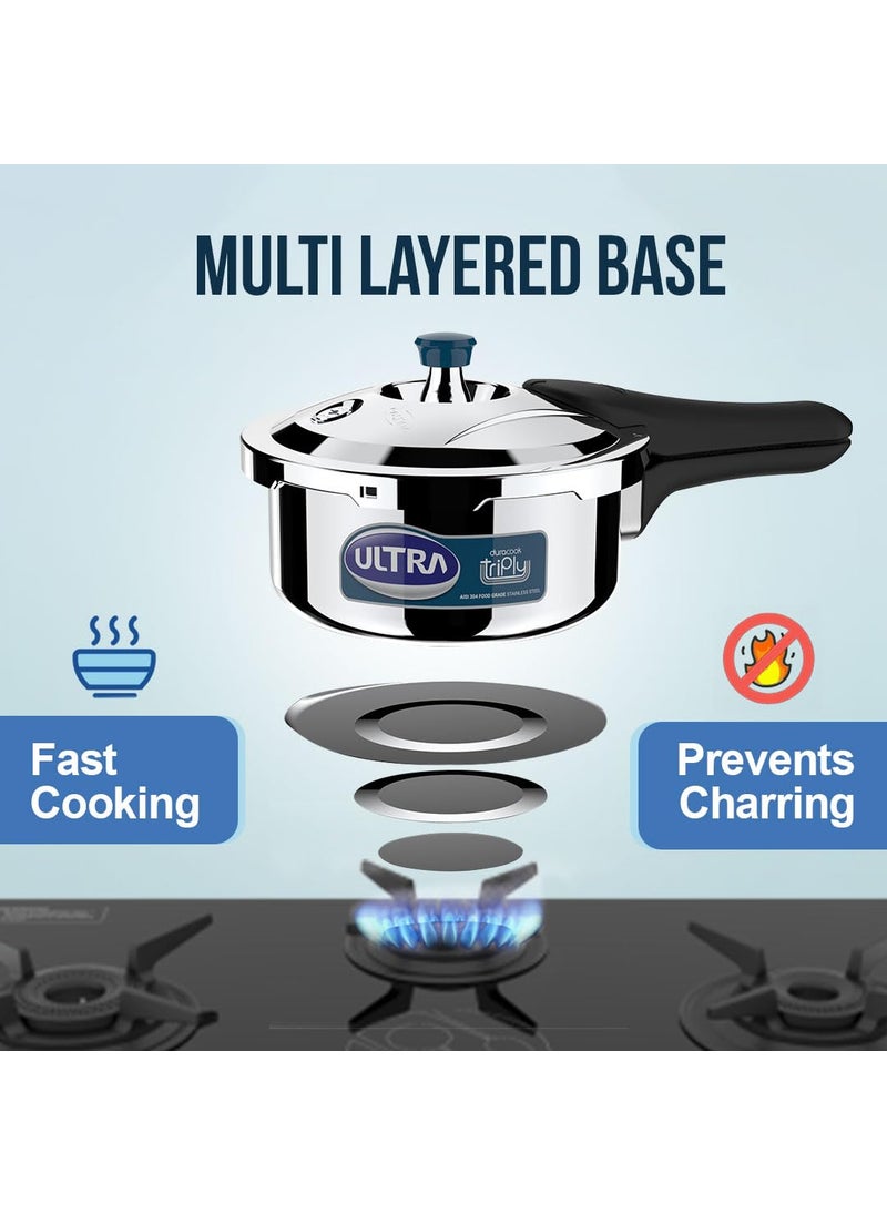 Ultra Duracook Triply Pressure Cooker 2 Litre AISI 304 Food Grade Stainless Steel Cooker 5 Years Warranty Injection Moulded Handles Induction Compatible 12 MM Lid Thickness SCTS Base