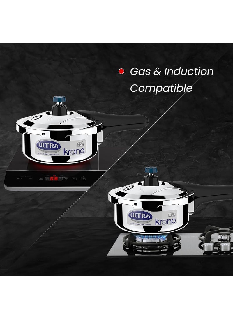 Ultra Triply Krono Pressure Cooker 2 Litre Whistle Counter Spillage Control AISI 304 Food Grade Stainless Steel Cooker 5 Years Warranty Injection Moulded Handles Induction Compatible