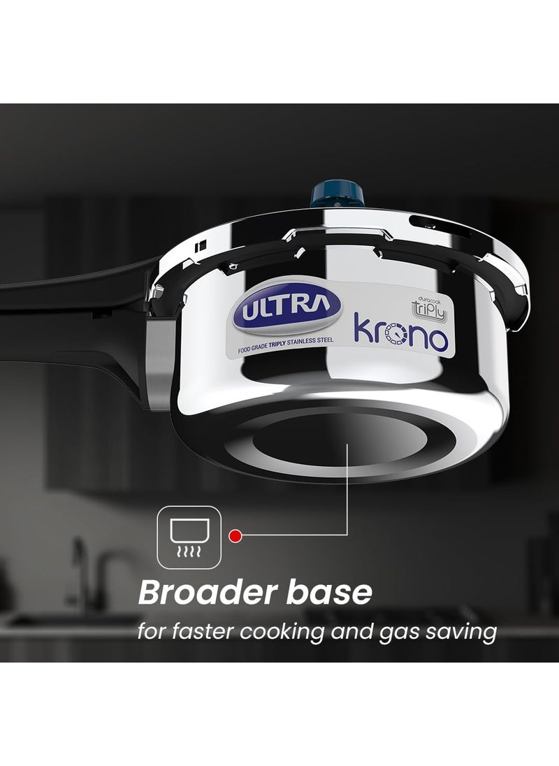 Ultra Triply Krono Pressure Cooker 2 Litre Whistle Counter Spillage Control AISI 304 Food Grade Stainless Steel Cooker 5 Years Warranty Injection Moulded Handles Induction Compatible