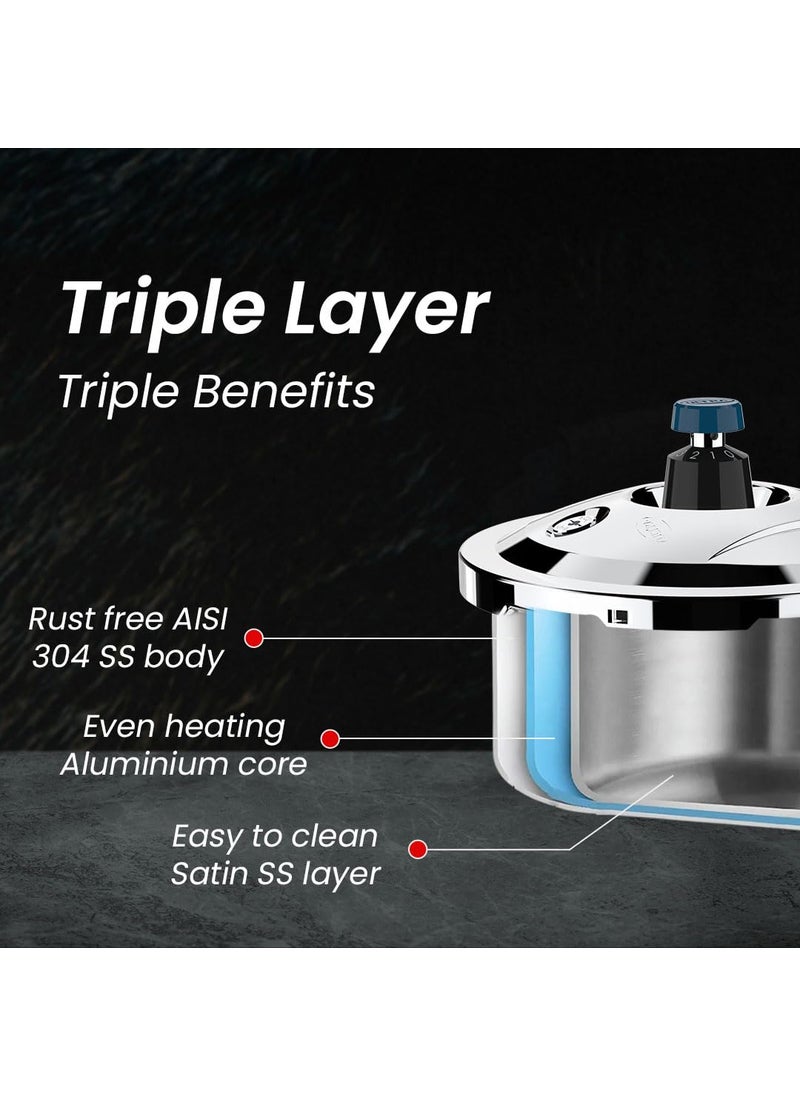 Ultra Triply Krono Pressure Cooker 2 Litre Whistle Counter Spillage Control AISI 304 Food Grade Stainless Steel Cooker 5 Years Warranty Injection Moulded Handles Induction Compatible