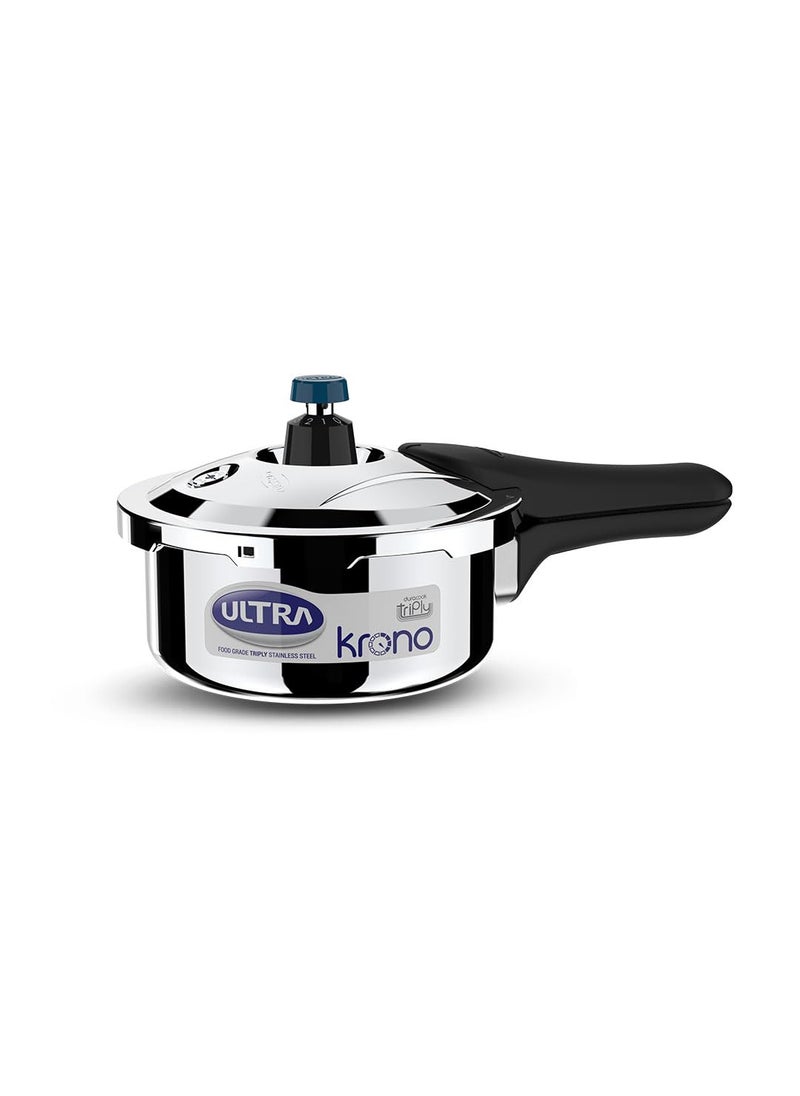Ultra Triply Krono Pressure Cooker 2 Litre Whistle Counter Spillage Control AISI 304 Food Grade Stainless Steel Cooker 5 Years Warranty Injection Moulded Handles Induction Compatible