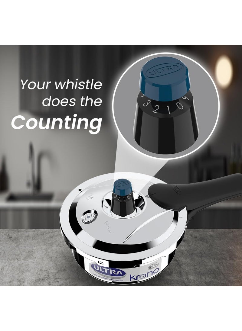 Ultra Triply Krono Pressure Cooker 2 Litre Whistle Counter Spillage Control AISI 304 Food Grade Stainless Steel Cooker 5 Years Warranty Injection Moulded Handles Induction Compatible