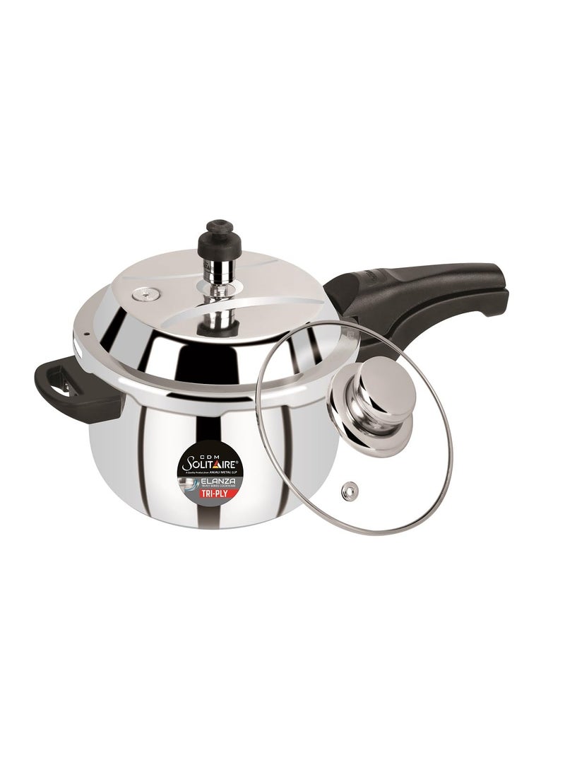 Elanza Belly 5 Ltr Pressure cooker 1810 TryPly Stainless Steel Outer Lid with Extra Glass Lid 5 Liter Pressure Cooker Induction and Gas Base ISI Certified 5 Years Warranty