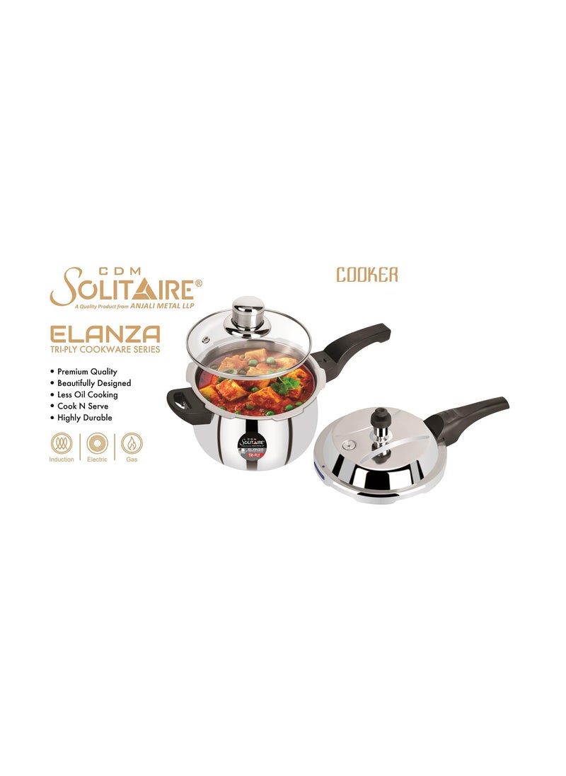 Elanza Belly 5 Ltr Pressure cooker 1810 TryPly Stainless Steel Outer Lid with Extra Glass Lid 5 Liter Pressure Cooker Induction and Gas Base ISI Certified 5 Years Warranty