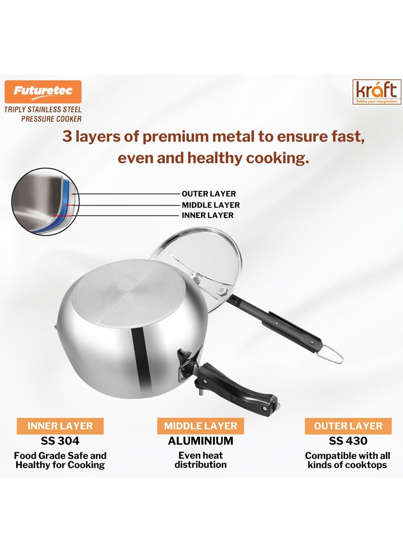 Futuretec Triply Stainless Steel Inner Lid Pressure Cooker 5 Litres Induction Gas Stove Friendly Heavy Bottom 2 Years Warranty ISI Certified