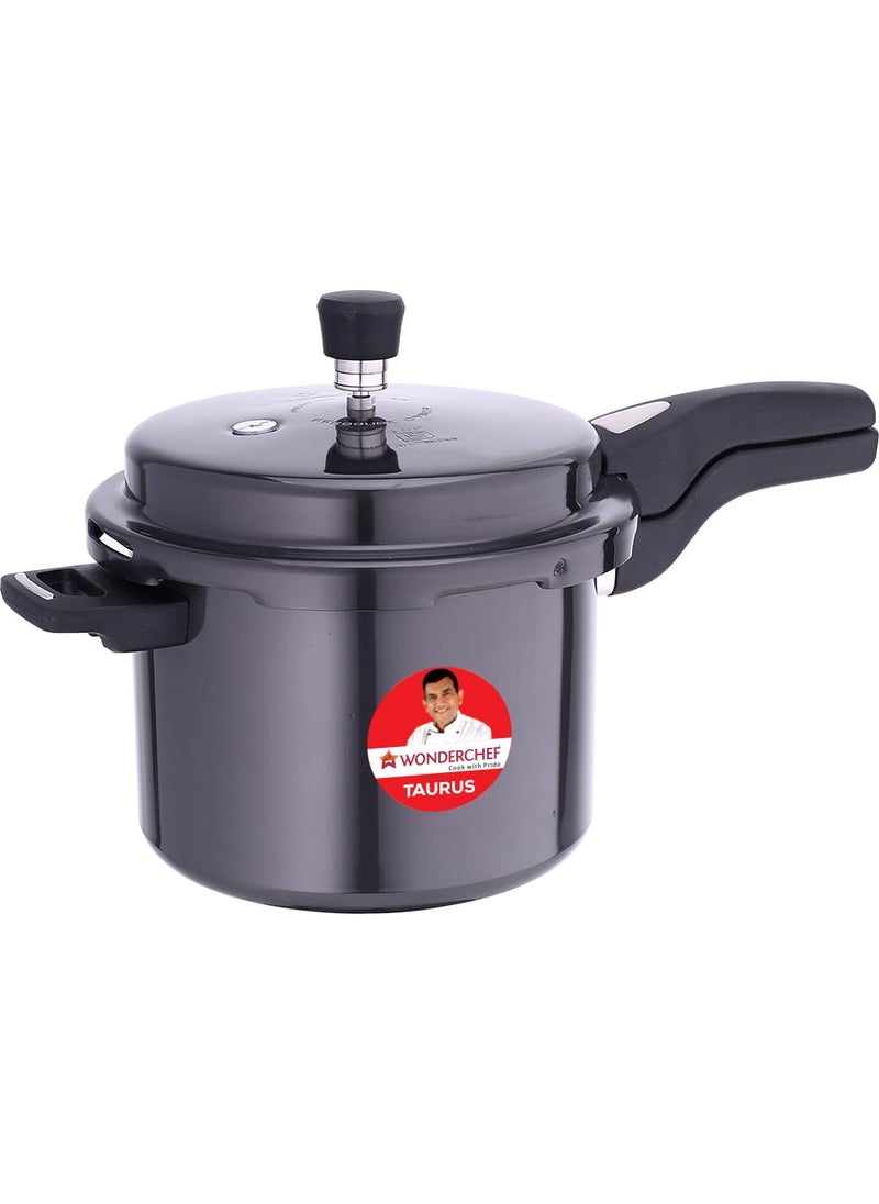 Wonderchef Taurus Hard Anodized Outer Lid Pressure cooker 5 liter Cool Touch Handles for Durability Induction Friendly Black 5 year warranty ISI Certified