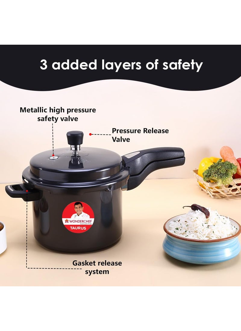 Wonderchef Taurus Hard Anodized Outer Lid Pressure cooker 5 liter Cool Touch Handles for Durability Induction Friendly Black 5 year warranty ISI Certified