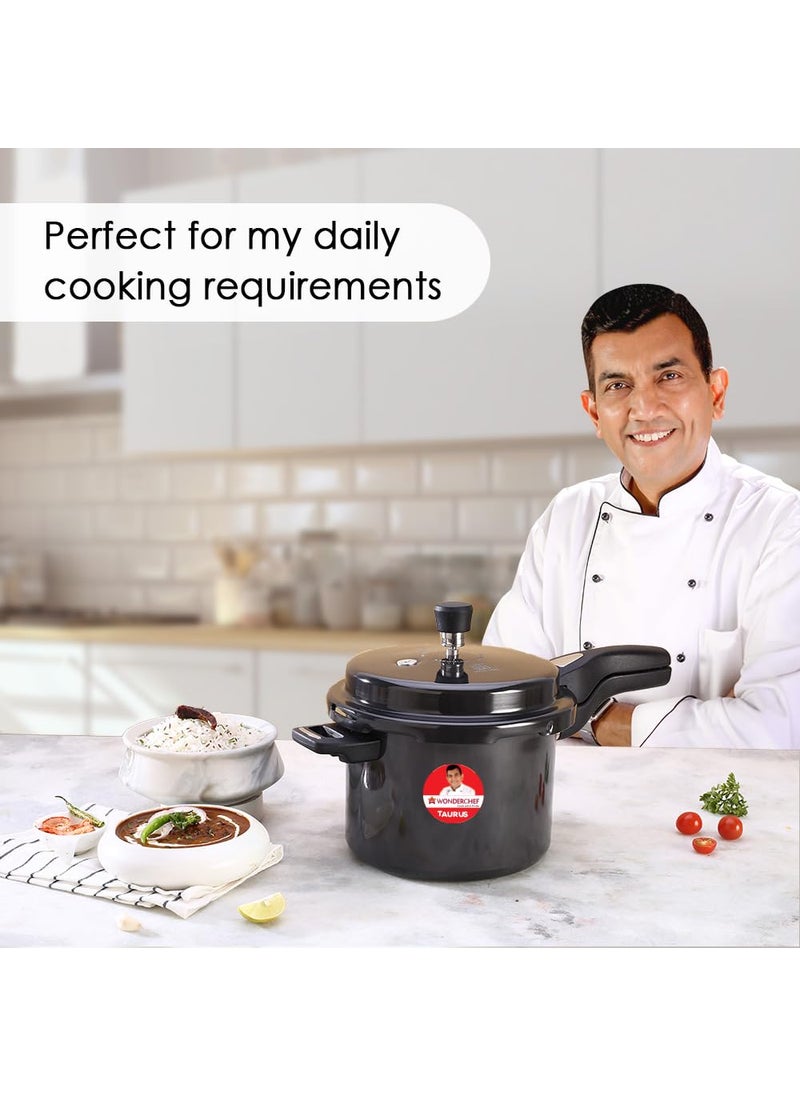 Wonderchef Taurus Hard Anodized Outer Lid Pressure cooker 5 liter Cool Touch Handles for Durability Induction Friendly Black 5 year warranty ISI Certified