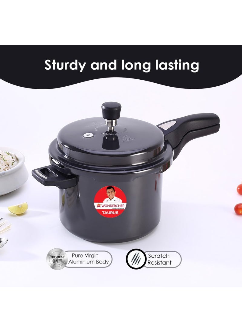 Wonderchef Taurus Hard Anodized Outer Lid Pressure cooker 5 liter Cool Touch Handles for Durability Induction Friendly Black 5 year warranty ISI Certified