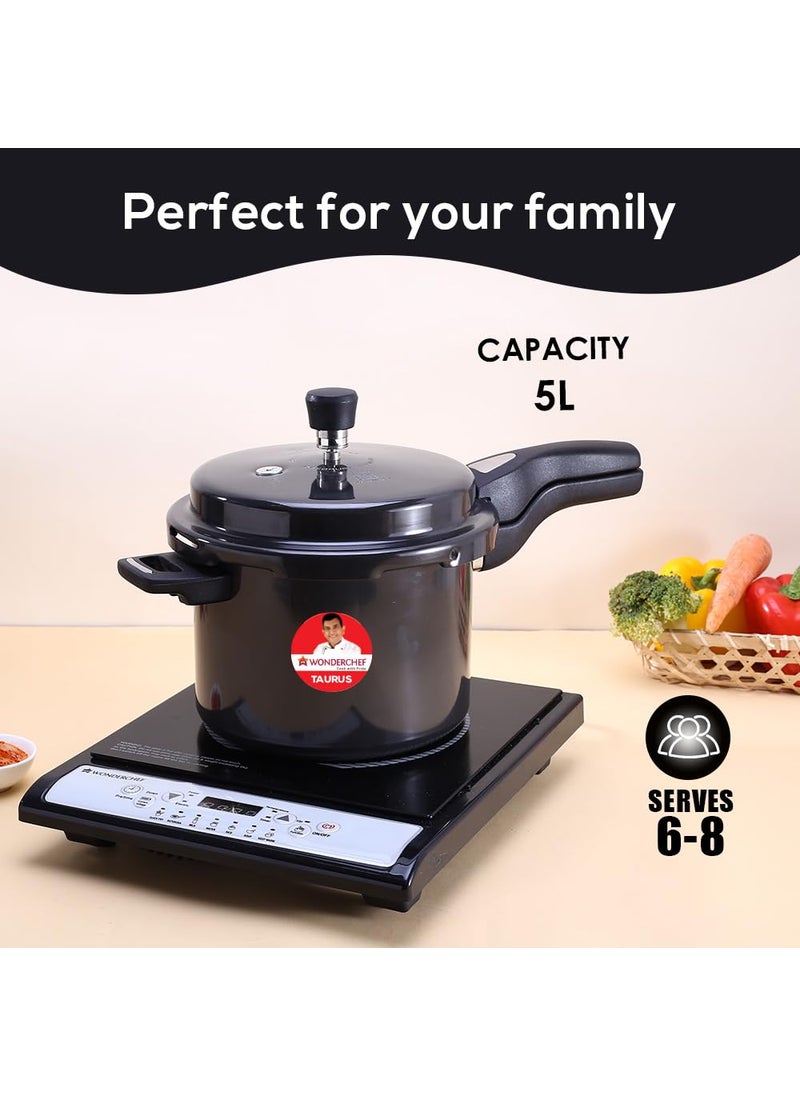 Wonderchef Taurus Hard Anodized Outer Lid Pressure cooker 5 liter Cool Touch Handles for Durability Induction Friendly Black 5 year warranty ISI Certified